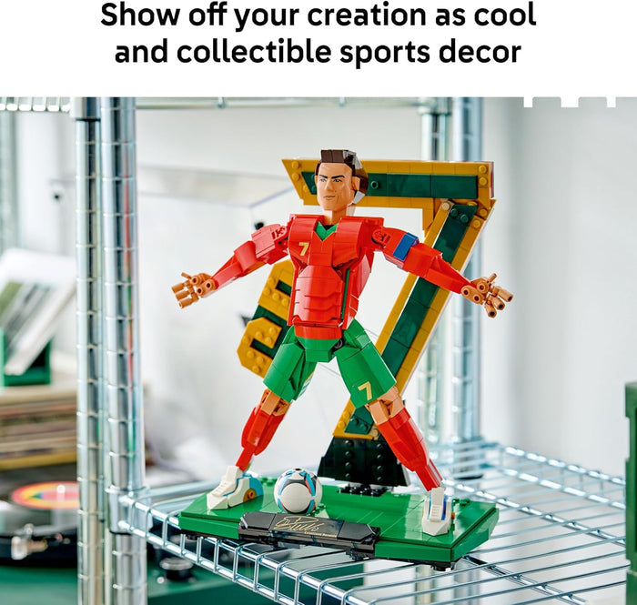 Action figure in a display case with text encouraging showcasing as cool collectible sports decor.