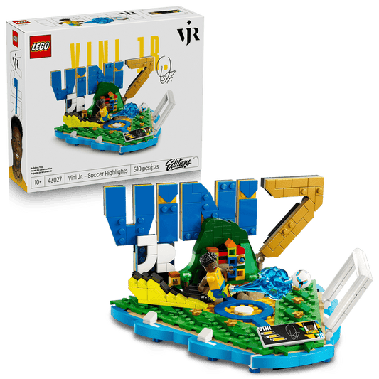 LEGO VRII Jr. soccer highlights set with packaging on a white background