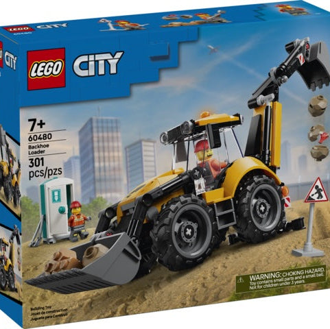LEGO City Backhoe excavator set 60480 toy building block box, featuring a yellow and black backhoe with a mini worker and construction scene on the front packaging.