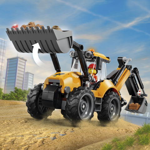 Toy bulldozer with a cityscape background