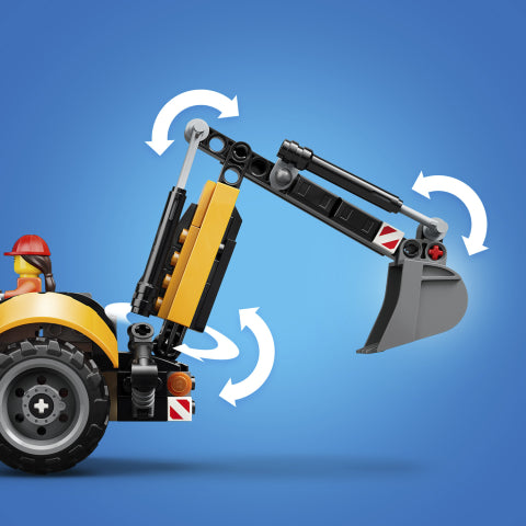 LEGO construction vehicle with moving parts on a blue background