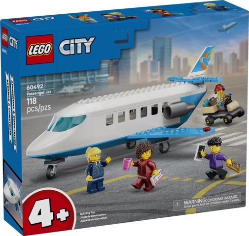 LEGO City Passenger Jet set 60492 toy building kit box, showing a white and light blue airplane on an airport tarmac with minifigures and a vehicle, on a blue background.
