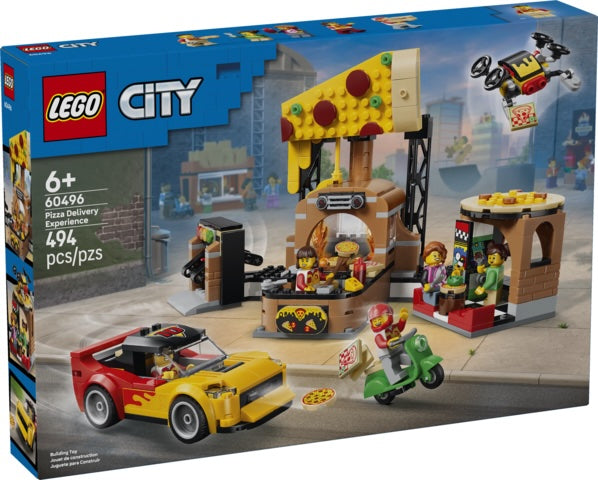 LEGO City Pizza Delivery Experience set 60496, featuring a detailed toy building set on its retail box. The set includes a yellow and red sports car, a green scooter, a pizza delivery truck, and a pizza shop with characters and a large pizza slice structure.