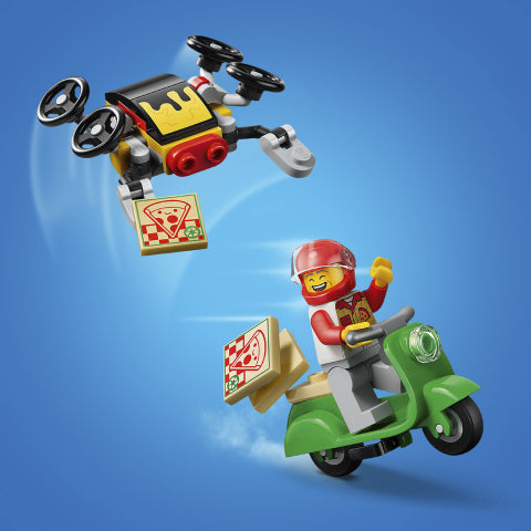 LEGO minifigures and building blocks set up a delivery scene on a blue gradient background: a red and yellow delivery drone carrying a pizza box is flying above a green scooter with a minifigure wearing a red helmet and delivering a pizza box.