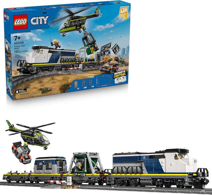 LEGO City train set packaging with train and helicopter models displayed.
