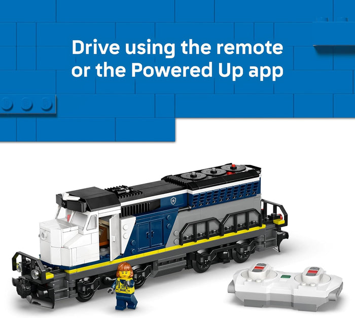 Toy train with remote control on a blue and white background