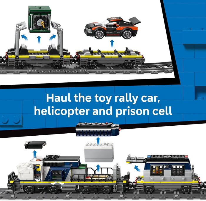 Toy train set with rally car, helicopter, and prison cell on a blue background