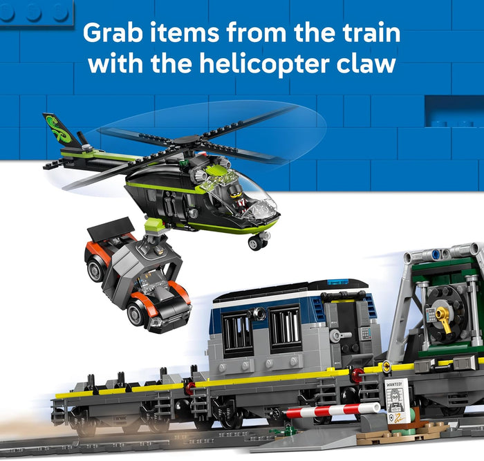 Toy helicopter and train set with text on a blue background
