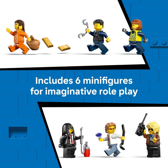 LEGO minifigures on a blue and white background with text about imaginative role play.