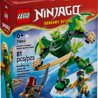 LEGO NINJAGO Dragons Rising Lloyd's Dragon Mech Battle Pack toy box, set number 71862, featuring a green dragon mech and minifigures on a blue icy background.