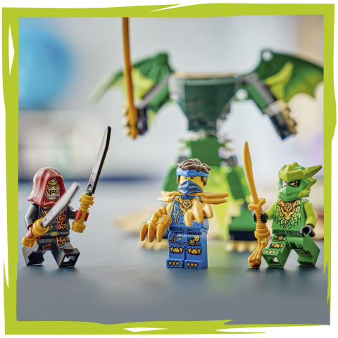 Three LEGO minifigures posed in front of a green dragon toy on a tabletop. The left figure wears red and black with a sword, the center figure wears blue and gold with a head covering, and the right figure is green with gold details and a sword.
