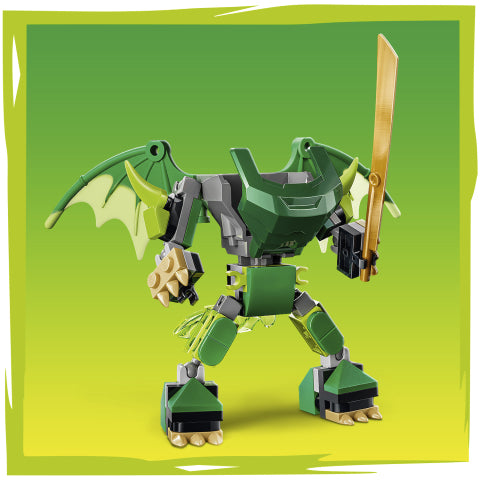 A green dragon robot toy built from interlocking blocks, featuring wings, clawed feet, and a gold sword, set against a green gradient background.