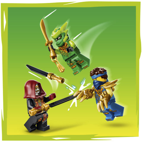 A set of action figure minifigures shown in a dynamic illustrated battle scene on a green gradient background. One green dragon-like figure flies with a sword, one blue ninja figure attacks with a fist, and one black-robed hooded figure faces them with a sword.