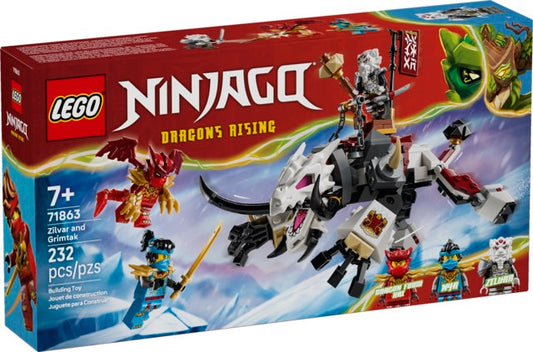 LEGO NINJAGO Dragons Rising Silver and Grimjak building toy box, set number 71863, featuring a silver dragon and a small warrior minifigure on a snowy mountain background.