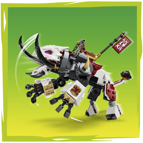 A toy building-block animal robot, resembling a stylized white, black, and gray rhinoceros or buffalo with gold and red accents, shown on a bright green-to-yellow gradient background. The figure has a rider on its back, a flag, and multiple articulated arms and legs.