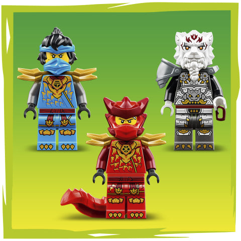 Three LEGO minifigures from the NINJAGO set, featuring Jay in blue, Kai in red, and Wu in white and silver, arranged on a green gradient background.