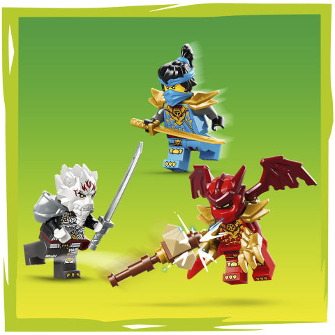 Three LEGO minifigures arranged on a bright green background: a white-haired warrior with a sword, a blue ninja with a sword, and a red dragon-like figure with a weapon.
