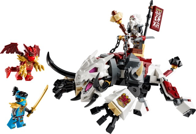 LEGO set with a dragon-like creature and two figures on a white background