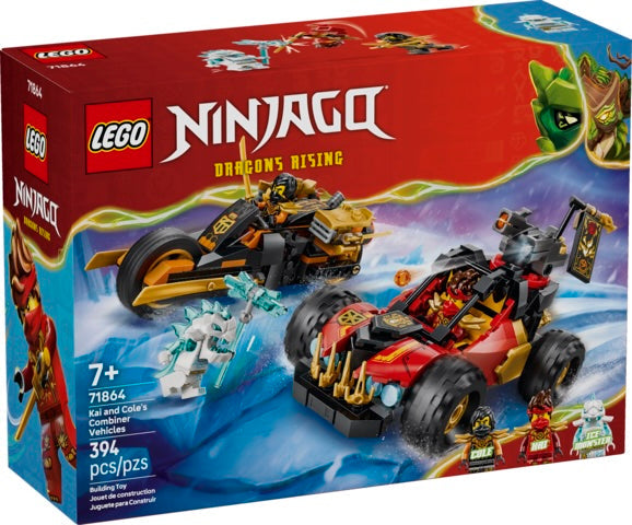 LEGO Ninjago Dragons Rising set packaging with vehicles and characters on a blue and red background.