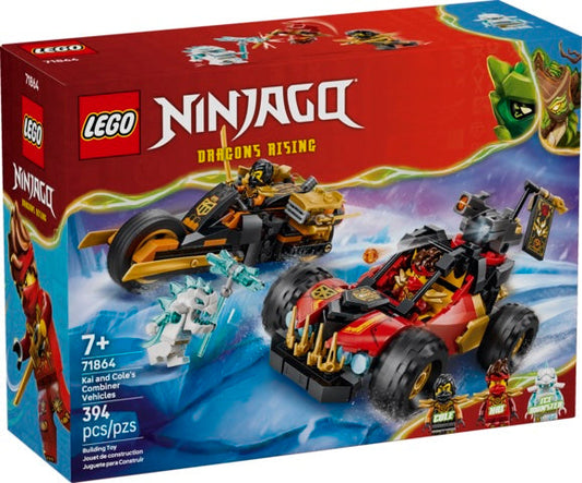 LEGO Ninjago Dragons Rising set packaging with vehicles and characters on a blue and red background.