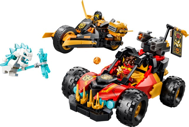 Toy vehicle set with a red and black design, yellow accents, and a small figure on a white background.
