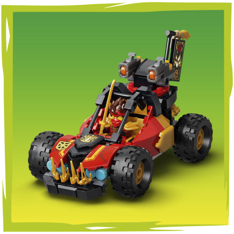 A red and black toy off-road vehicle with gold accents, large black wheels, and a small flag on a green gradient background.