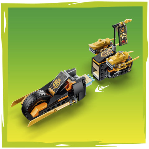 A toy construction set showing a black and gold speed bike connected to a black and gold tank with a small flag, on a green gradient background.