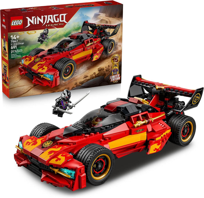 LEGO NINJAGO Focus Super Speed racecar set 71942, featuring a red and yellow racecar with flame decals, a small minifigure with a sword, and the original product box shown in the background on a white studio backdrop.
