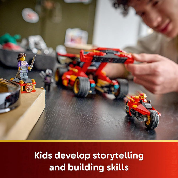 Child playing with LEGO vehicles and figures on a table.