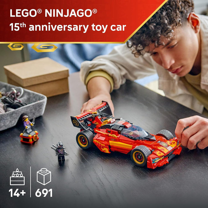 Person playing with a LEGO Ninjago toy car on a table, with branding and product details displayed.