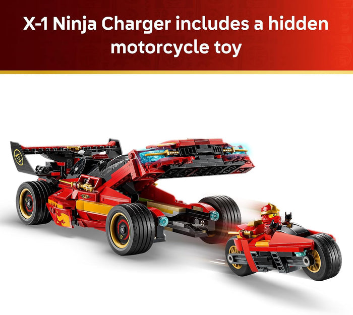 A red and black toy vehicle set shown on a white background with a red banner at the top reading 'X-1 Ninja Charger includes a hidden motorcycle toy.' The main subject is a large red race car with exposed mechanical details and a small red motorcycle with a minifigure attached or displayed beside it.