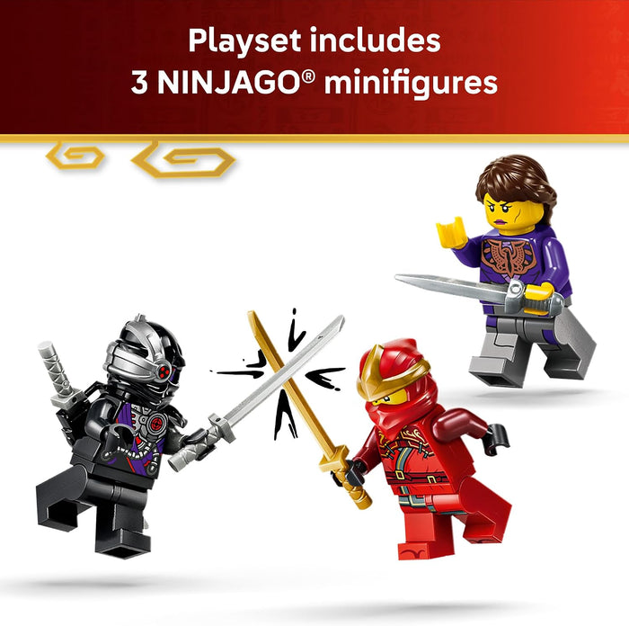 Three LEGO NINJAGO minifigures on a white background with a red banner at the top.