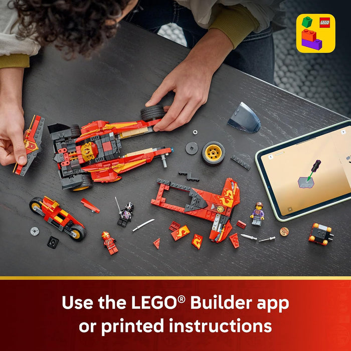 Children playing with LEGO bricks on a table, with a smartphone displaying the LEGO Builder app.