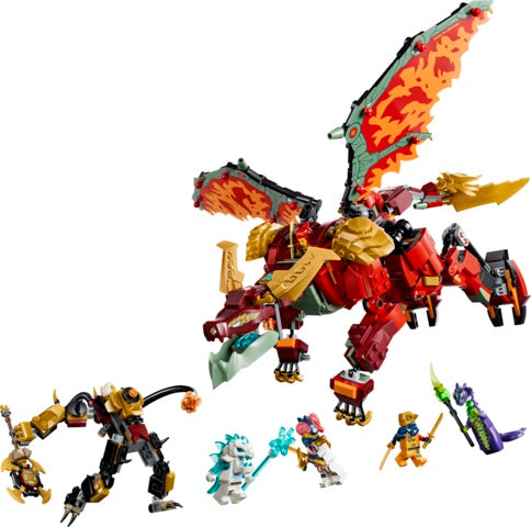Toy dragon model with various figures on a white background