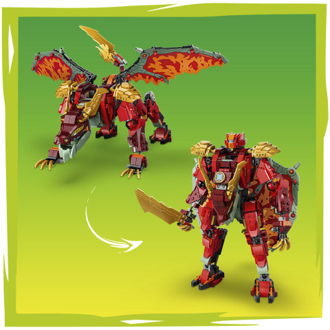 A red and gold toy robot dragon figure shown in two views on a green gradient background: one as a winged dragon and one as a standing armored robot holding a sword.