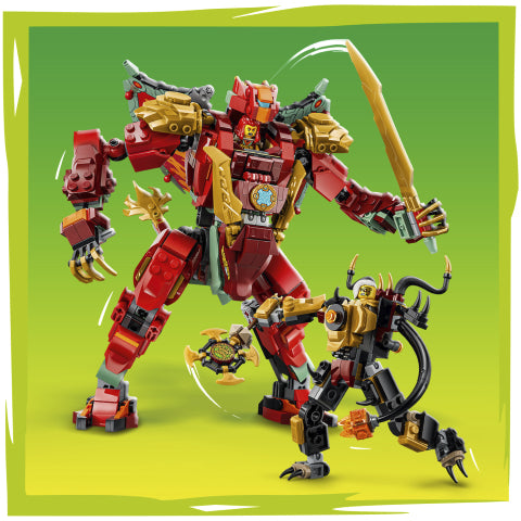 A red and gold toy robot figure holding a large gold sword, posed over a smaller black and gold creature on a bright green background.