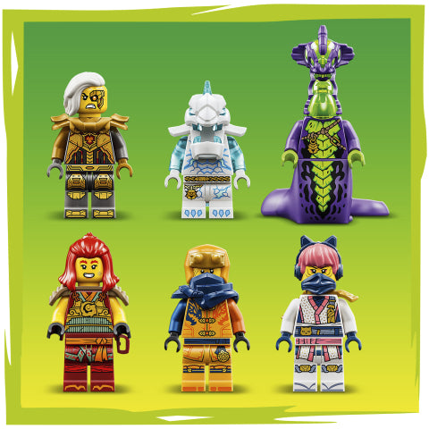 Six LEGO minifigures arranged on a bright green background. The set includes a gold and brown warrior, a white and blue ice-themed figure, a purple reptilian creature, a red-haired warrior, an orange-and-blue ninja, and a pink-haired masked figure.