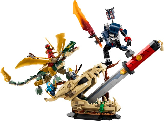 Toy figure set with a dragon, warrior, and other characters on a white background