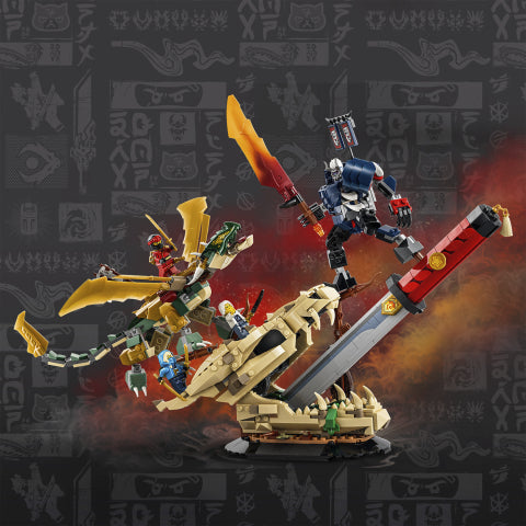 A detailed toy building-block set showing multiple action figures and vehicles in a dramatic battle scene, with a large red-and-silver sword mounted on a tan beast base against a dark patterned background.