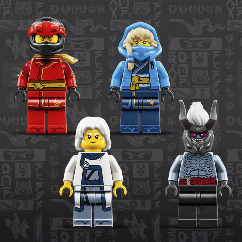 Four LEGO minifigures arranged on a dark patterned background: a red ninja, a blue hooded figure with blonde hair, a white-robed figure, and a gray horned monster with purple eyes.