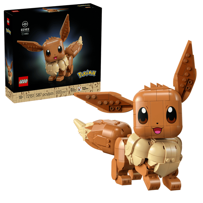LEGO Eevee figure from Pokemon with packaging on a clear background