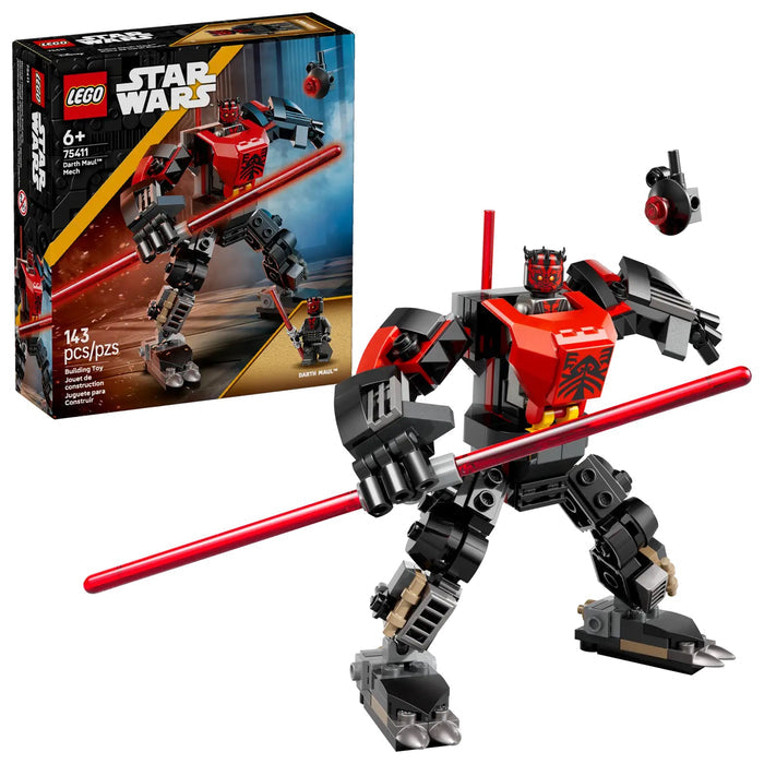 LEGO Star Wars robot model with red lightsaber and packaging in the background