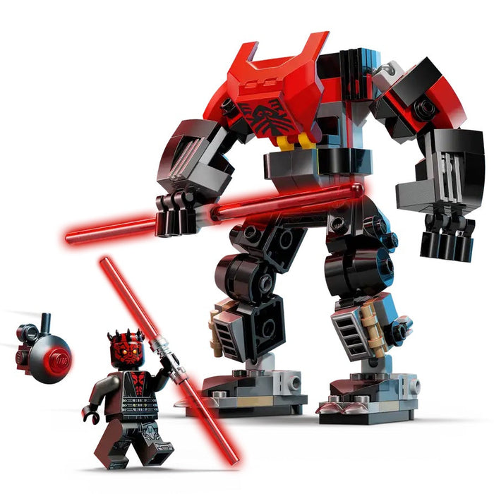 Toy robot and figure with red lightsabers on a white background
