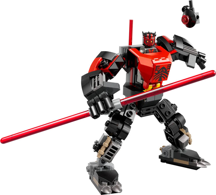 Toy figure with red and black armor holding a red sword on a white background
