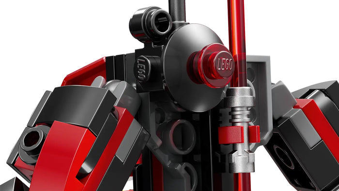 Close-up of a LEGO set with red and black elements on a white background