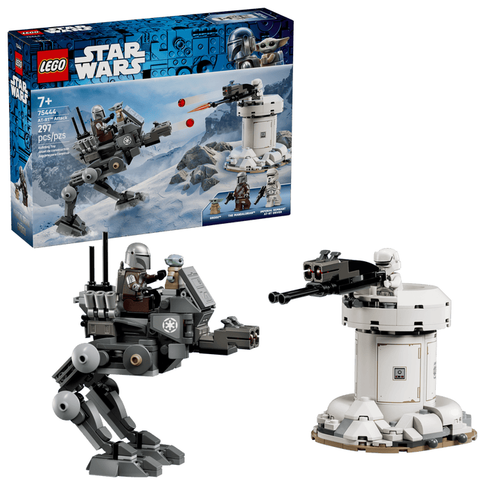 LEGO Star Wars set with two figures and a structure, next to its packaging.