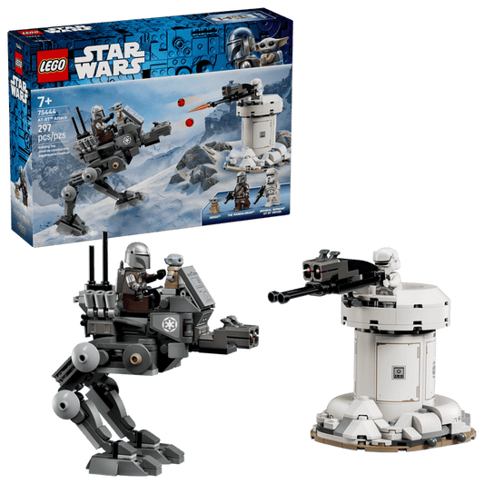 LEGO Star Wars set with two figures and a structure, next to its packaging.