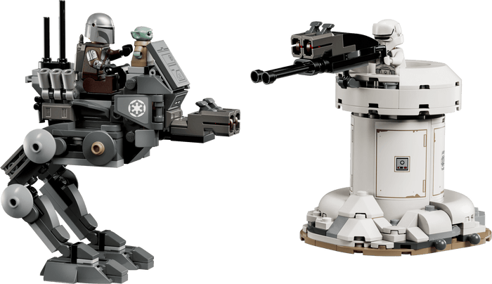 Two toy Star Wars models of a robot and a turret with a transparent background