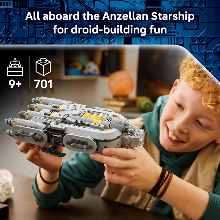 Child holding a detailed model spaceship with text about the Anzellan Starship and droid-building fun.