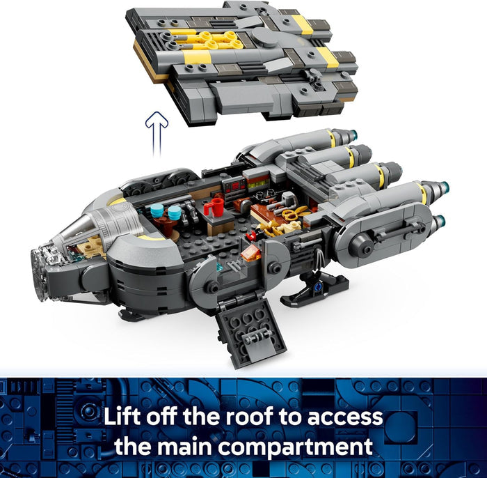 Toy spaceship model with instructions on how to access the main compartment.